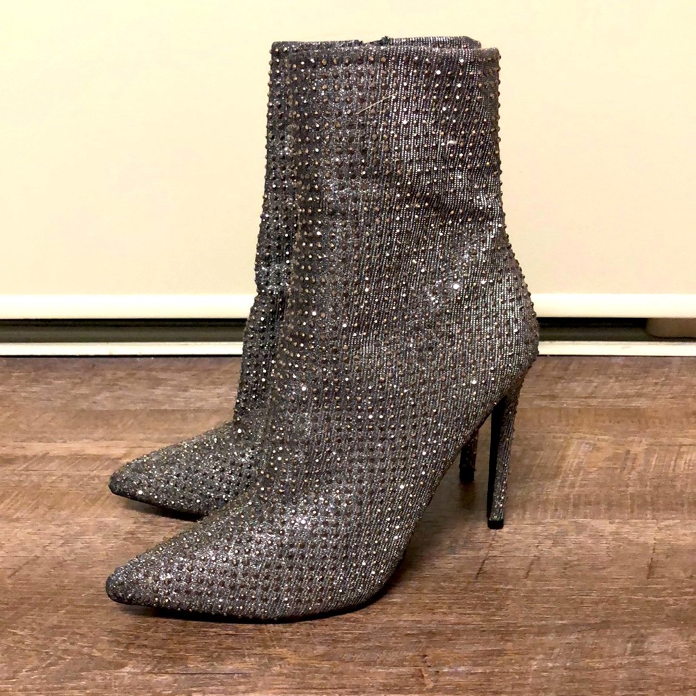 Steve Madden Wifey Graphite Silver Sequin Stiletto Bootie